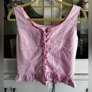 1990s Weathered Blues Pink Lace-Up Sleeveless Top Med